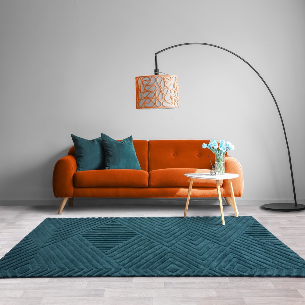 Hague Geometric Textured Wool Rugs in Teal Blue